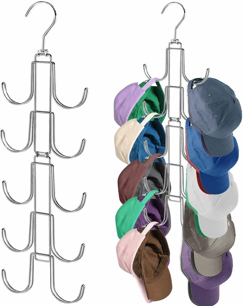 NAKBINX Hat Organizer for Closet, Collapsible Caps Rack with 10 Rotatable Large Hooks, Holds Up to 40 Baseball Caps, Metal Space Saving Hat Hanger for Display, Storage and Closet Organizers, Silver - Image 1